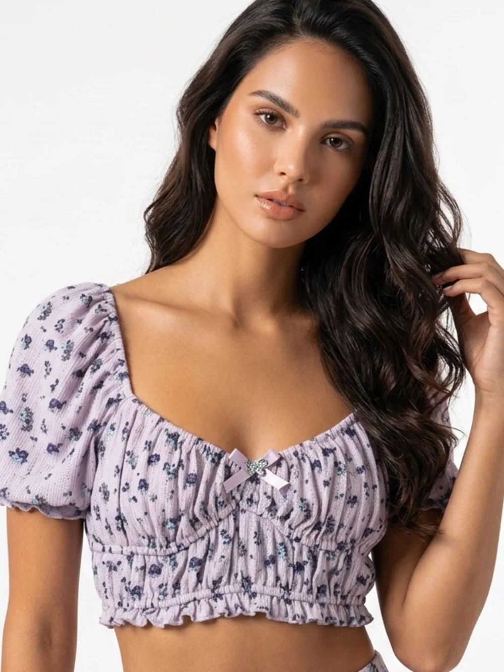 FOR LOVE & LEMONS | Lilac Floral Smocked Crop Top Puff Sleeves Women’s Size S